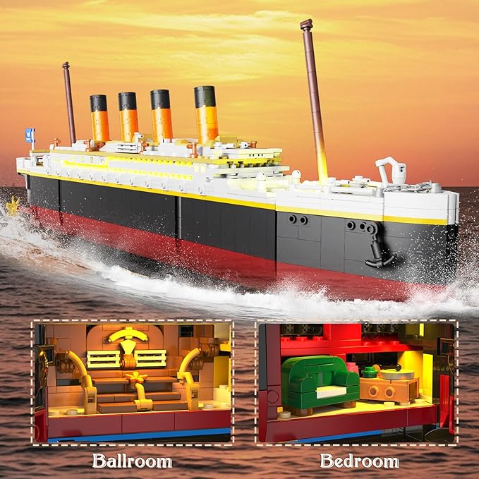 2 in 1 Titanic Building Set with Lights 1935 PCS Titanic Ship Mini Building Block Kit with Glacier Display Stand Home Decor Ship Model Birck Toy Gift for Adults Teens Boys Girls 12+