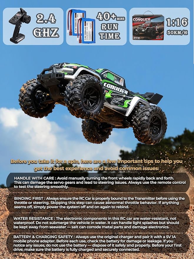 1:16 Scale RC Cars for Adults High-Speed 4WD Offroad Hobby Remote Control Truck 50km/h Fast 2.4GHz All Terrain RC Monster Buggy with 2 Batteries (RTR/Green)