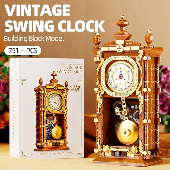 Retro Pendulum Clock Building Block SetA Toy with Real Clock Function and Linked Mechanical PendulumBetter Gift for Adults Teens Kids