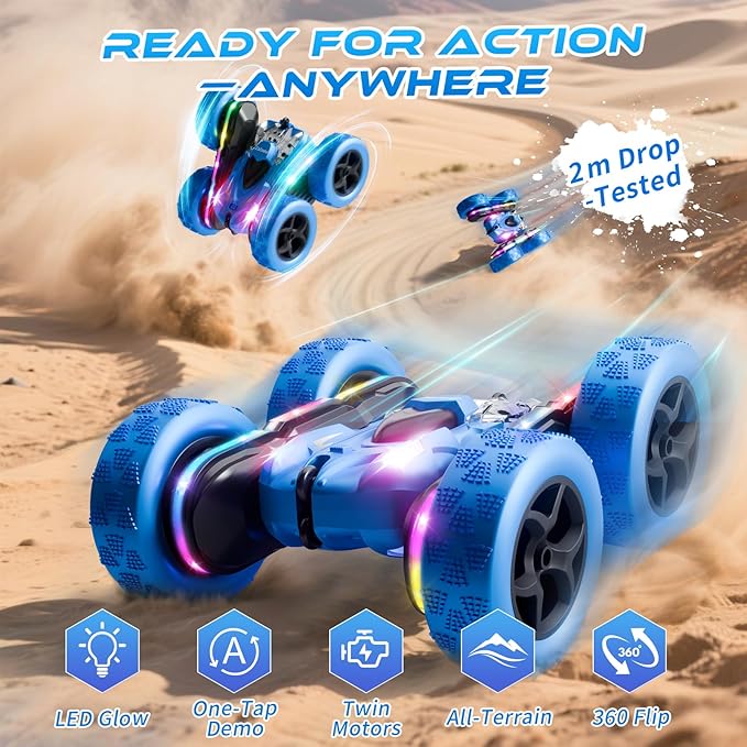 Remote Control Stunt Car 4WD 360° Flip Double‑Sided RC Cars LED Light Bar USB‑C Modular Battery 2.4 GHz Outdoor Beach Toy for Boys 6‑12 Years Old Birthday &amp Christmas Kids Gift Blue