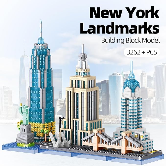 New York Skyline Micro Mini Blocks Building Set The Statue of LibertyEmpire State Architecture Building Brooklyn Bridge Gift for Kids and Adults (3262 Pieces)