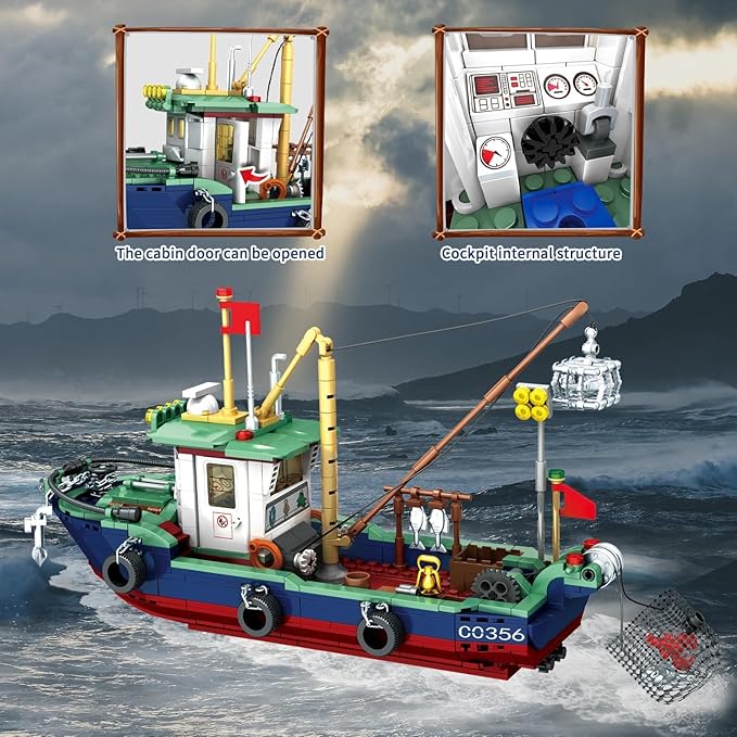 Fishing Boat Building Blocks Sets Boat Sea Fishing Building Blocks Toy Set Collection Decoration Gifts for Boys and Girl Ages 6-12 Years Old and up 582 Pcs
