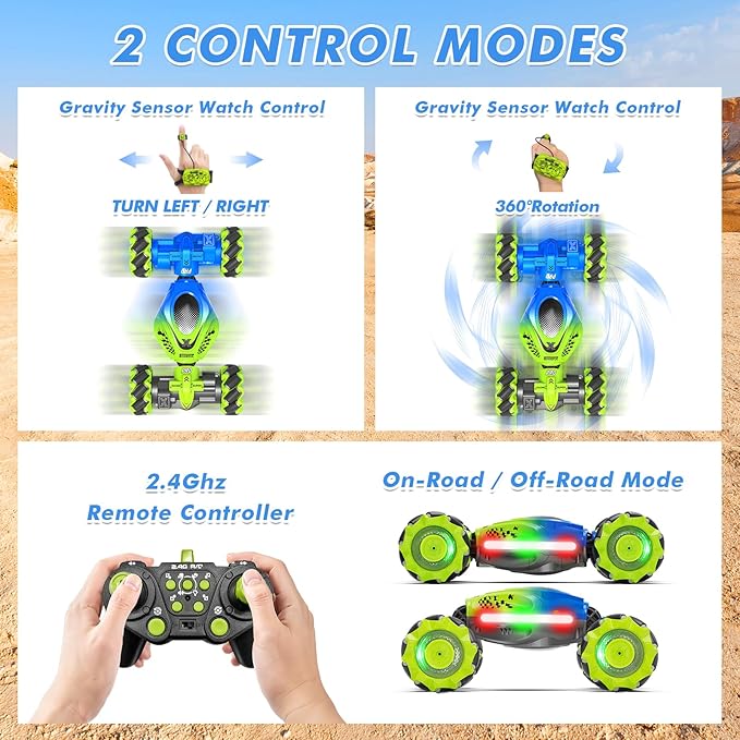 Gesture RC Car 2.4GHz 4WD Gesture Sensing RC Stunt Car Toys for 6-12 Years Old Boys Girls Hand Controlled Remote Drift Twist Offroad 360° Rotation with Lights Music for Birthday Gifts