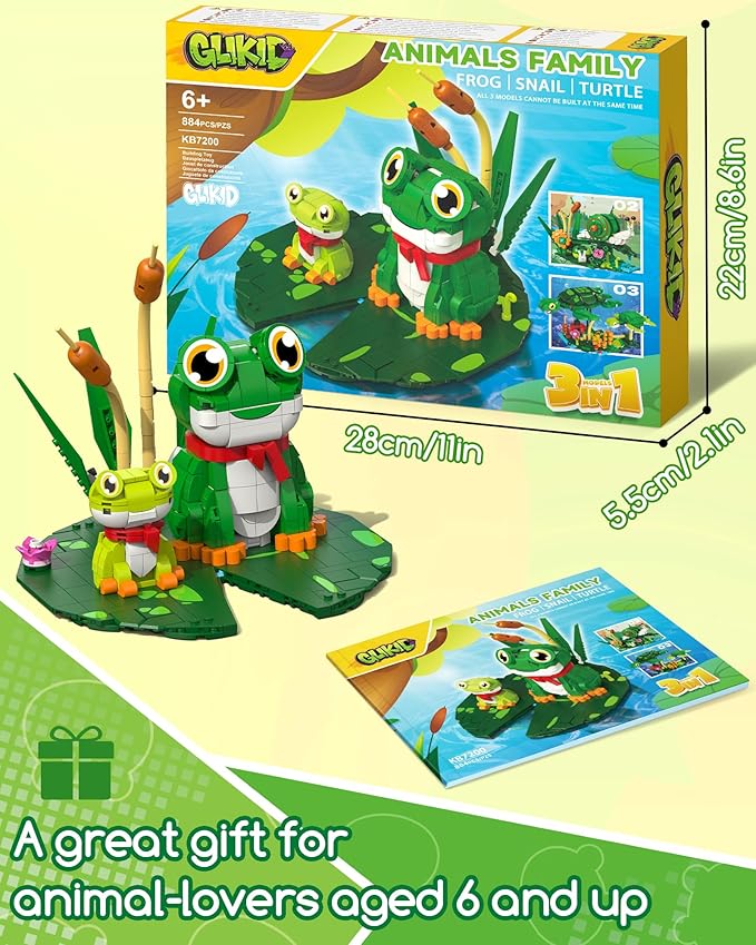 3 in 1 Animals Frog Family Building Set - Animal Figures with 3 Building Options Create Frog Turtle or Snail Family - Educational Toy Birthday Gift for Girls and Boys Ages 6+