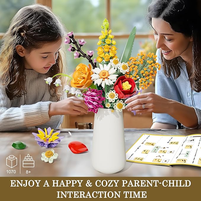Flowers Bouquet Building Set 1070PCS Wildflower Botanical Collection Artificial Plant Flower Kit Toy for Adults Kids Women Her Home Decor Gift for Birthday Christmas Valentines(No Vase)