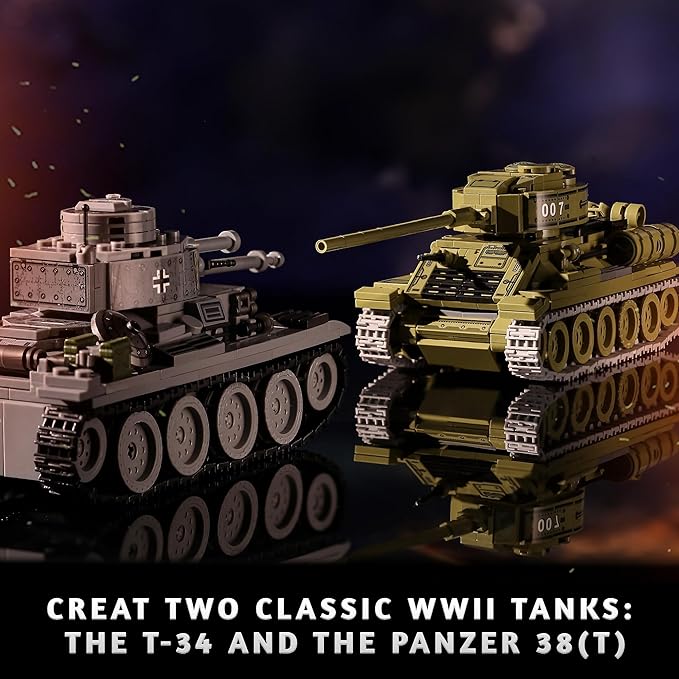 WW2 Army Tanks Toy Building Sets (1008 Pieces) Compatible with Lego Create a Soviet T-34 &amp German Panzer 38(t) Tank Great Military Model Toys Gift for Boys Kids and Teens Age 8+