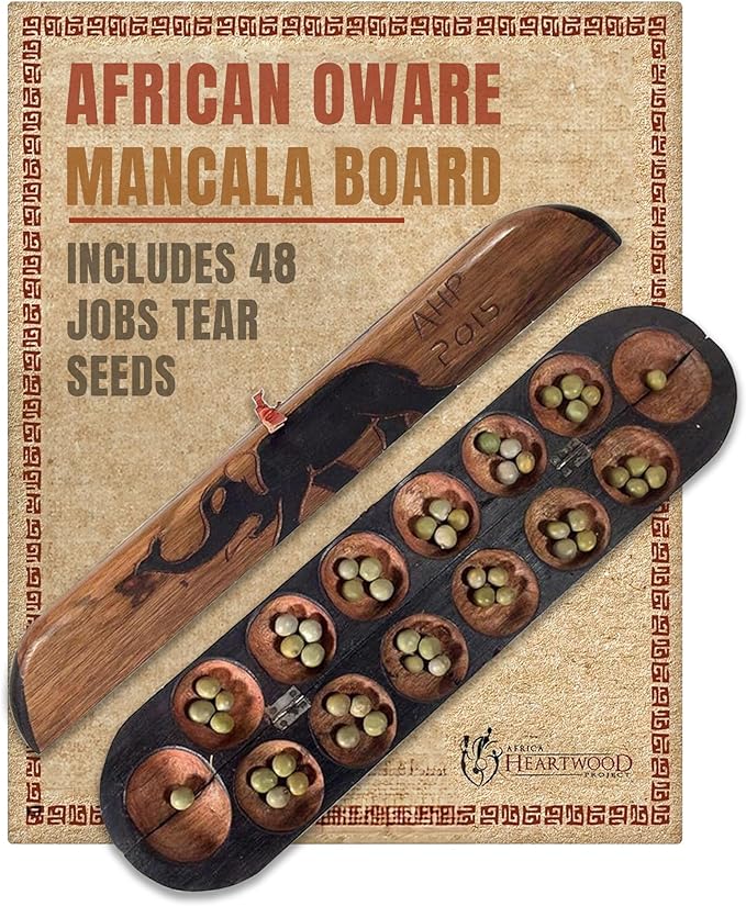 Africa Heartwood Project African Oware Mancala Board - Extended Size Hand-Carved Solid Wood with Elephant Design Wooden Folding Mancala 21 Board 48 Grey Green Tear Seeds and Playing Instructions