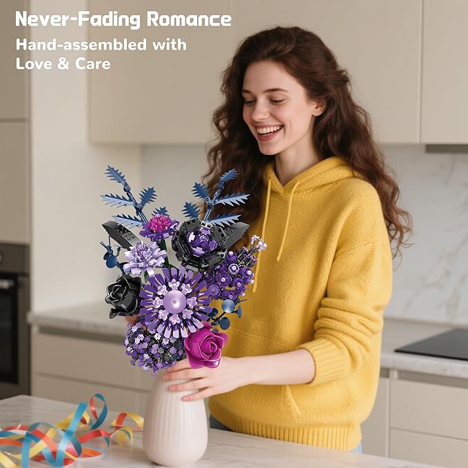 Purple Flower Bouquet Building Set with Vase Plant Botanical Collection for Adults Women Girl 14+ Gothic Home Decor