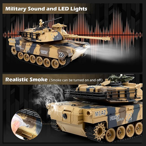 1/18 US M1A2 Army Tank 2.4GHz Remote Control Model Toys Smoke &amp Sound &amp LED Lights &amp Recoil Effects. RC Tank Perfect Collectible6+ Gift Kids and Adults