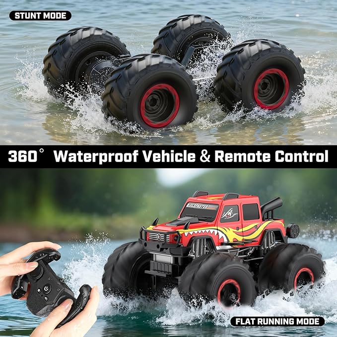 WayEee Remote Control Car Toys for Kids 6+ RC Car Waterproof Monster Truck Toys Amphibious 4X4 Pickup All Terrain Off-Road Vehicles 2.4GHz Remote Control 1/18 Scale RC Truck Boys Gifts/Red