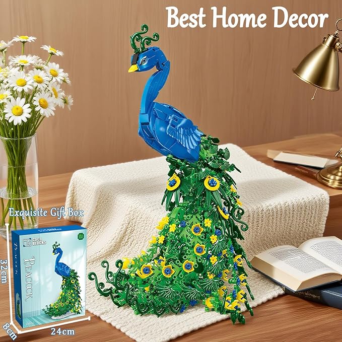 Flowers Peacock Building Block Set Fly Animal Art Bird Peacock on Botanicals Green Vivid Feather DIY Bonsai Tree Bricks Kit Home Office Decor Ideal Valentine's Day Toy Gift for Lover Teen(807PCS)