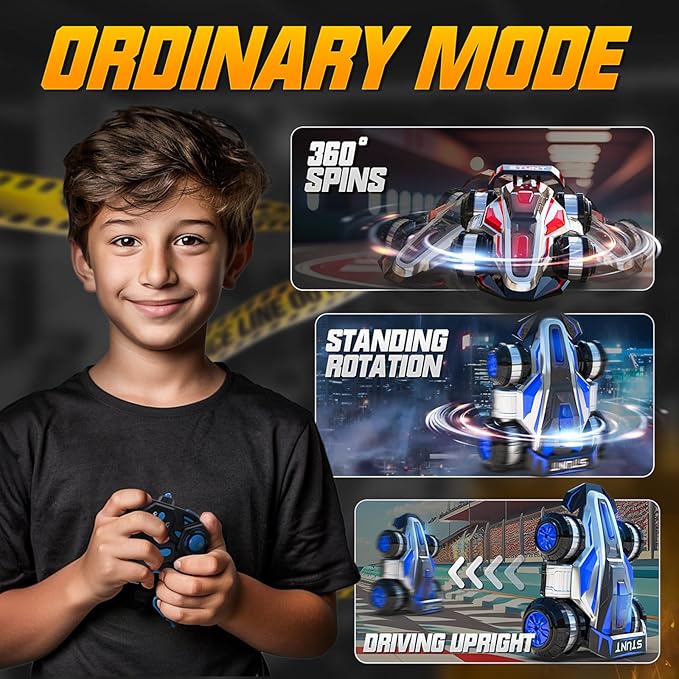 1:14 Remote Control Roll Stunt Car for Boys 360°Rotating 4WD RC Cars with Lights Music Upright Walking Four-Wheeled Rollover Toy Car Presents for Age 6-12（Blue）