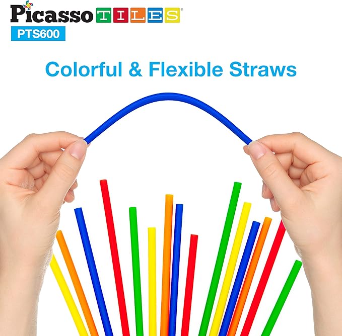 PicassoTiles 600pc Construction Toy Straw Building Set Children STEM Learning Interlocking Building Toys Creative Straw Connecting Builder Kits Early Education Kit for Kids Boys &amp Girls Ages 3+ PT