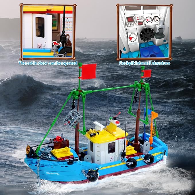 Fishing Boat Building Blocks Sets Pirate Ship Sea Fishing Building Block Toy Set Collection Show Creative Gifts Toys for Boys and Girl Ages 6-12 Years Old and up 645 PCS