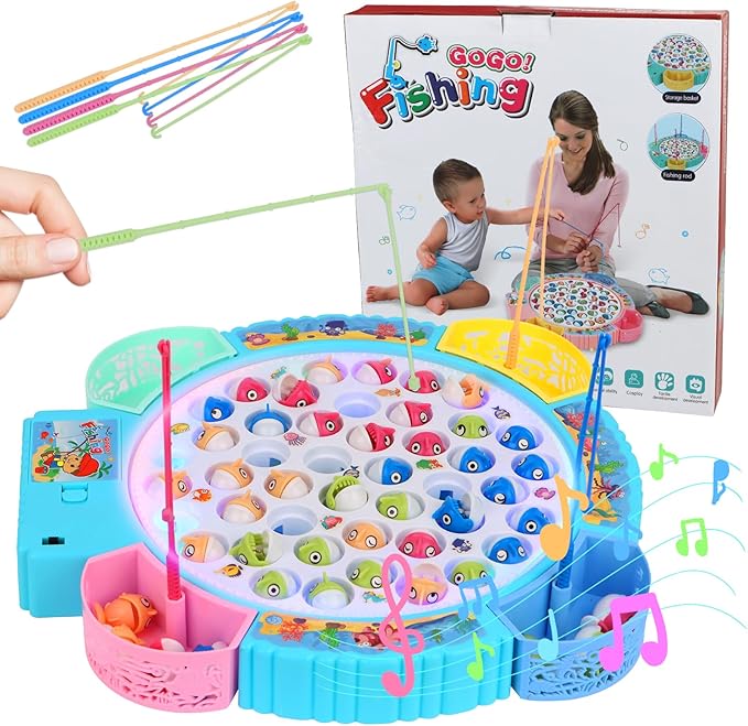 Magnetic Fishing Games Set - Educational Toddler &amp Kids Fishing Toys | 45 Fish 8 Poles Rotating Board with Music &amp LED | Ideal Go Fish Toy for Fun!