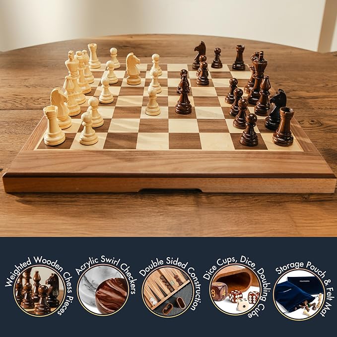 17 Inch Chess Checkers Backgammon Set for adults Wooden chess set combo portable folding two sided board multi game design maple walnut inlay with large weighted pieces acrylic checkers