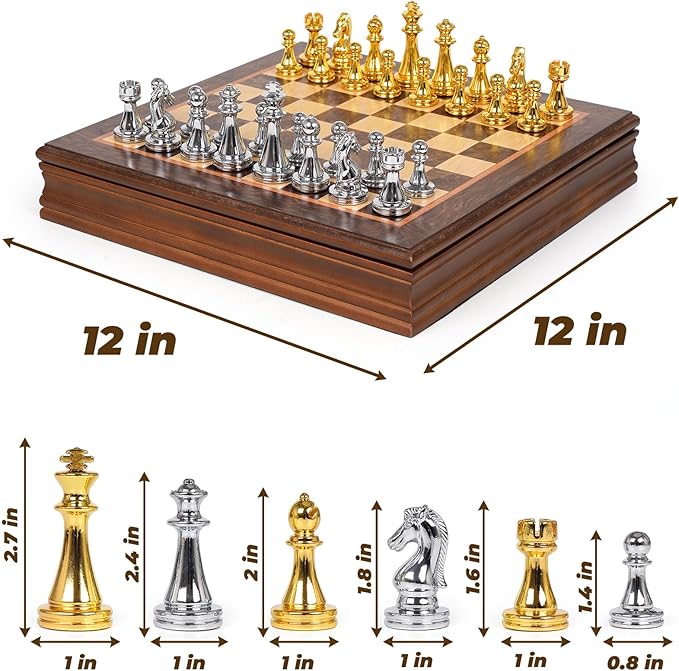 12-Inch Metal Chess Set with Wooden Board for Kids and Adults Gold &amp Silver Chess Pieces with Extra Queens Portable Small Chess Board for Travel Family Game Night Beginners &amp Professional