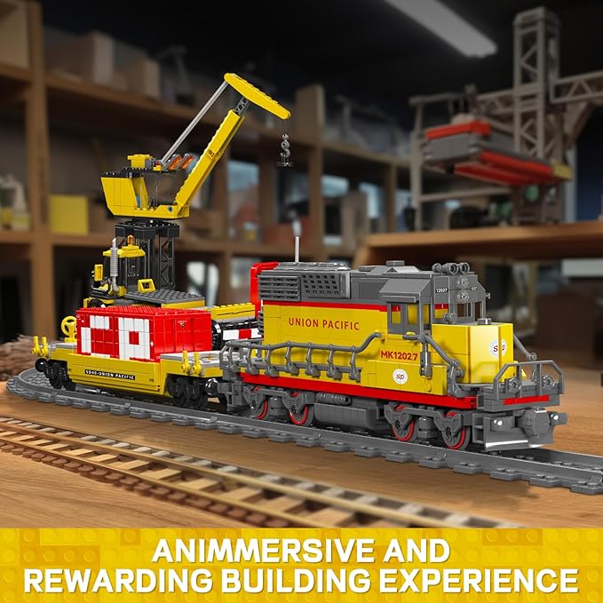 Mould King 12027 Diesel Locomotive Train Building Sets with a Semi-Trailers Cranes Remote/App Control Engineering Toy Kit Scale Model with Trains Tracks for Adults(1170 Pieces)