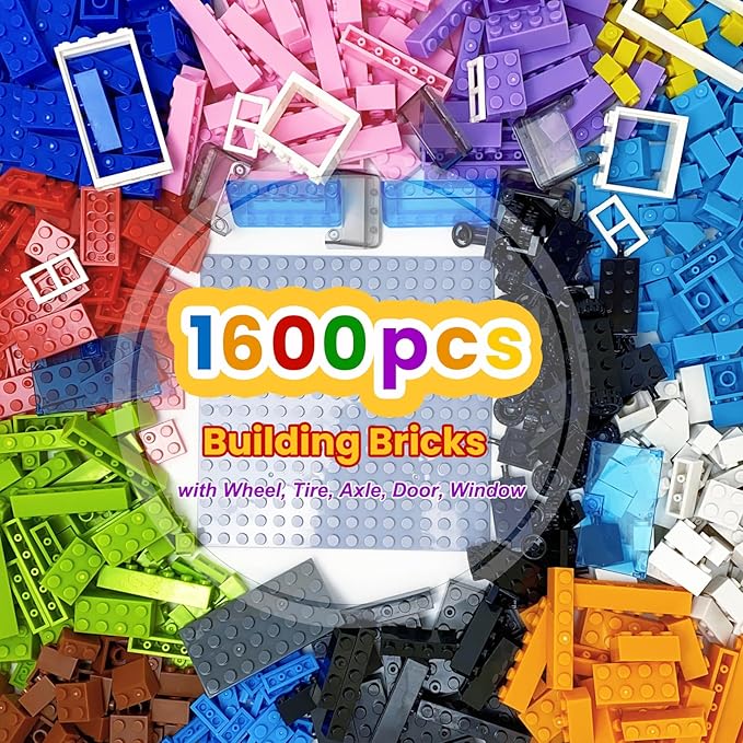 1600 Pieces Building Bricks Classic Bulk Building Blocks for Kids with Wheels and Axles Sets Windshield Windows Doors Baseplates Compatible with All Major Brands - 18 Shape/12 Color