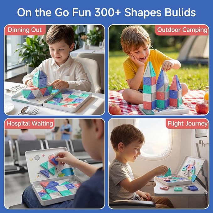 Magnetic Tiles Travel Set 40 PCS Morandi Building Block with Tin Box- 90Mins Quiet Play 45s Cleanup - Airplane Car Trip Activity Toy for Boys Age 3 4 5 6