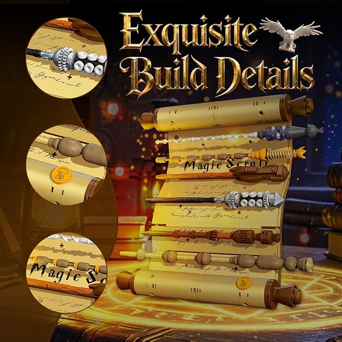 Sosuy Magic Scroll Wand Building Blocks Set — Wizard Scroll Kit with 6 Active Wands Collector Display Model Construction Ideal Gift for Fantasy Movie Fans for Kids Teens Adult 761 Pcs 8+