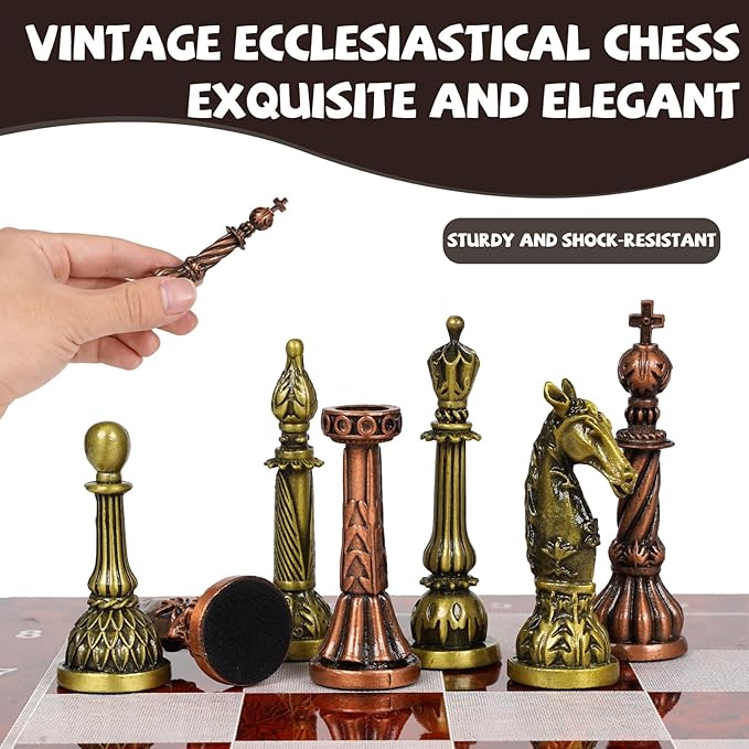 Vintage Metal Chess Set for Adults &amp Kids – Folding Marbling Chess Board with Storage – Elegant Travel Chess Set with Weighted Metal Pieces – Classic Board Game Gift &amp Home Décor