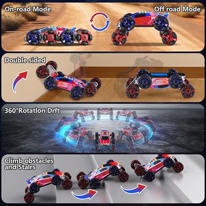 8WD Remote Control Car2.4GHz Gesture Sensing RC Stunt CarCool Spray Rotation RC Car with Lights and MusicAll Terrain Toys for Kids Ages 7 Birthday Gifts for Boys Girls(Red)