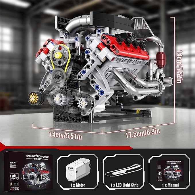 HIGH GODO Ideas V8 Engine Building Kit That Works Build Your Own MOC Mini V8 Engine Model Toy for Display STEM Toys Gifts for Teens Adults 14+ (700 PCS)