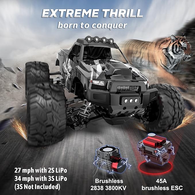 Evmore 1/16 Brushless RC Cars for Adults &amp Boys Fast 34 Mph Electric 4WD High Speed RC Car All-Road Remote Control RC Truck with Two 2S Lipo Batteries Compatible with 3S Lipo