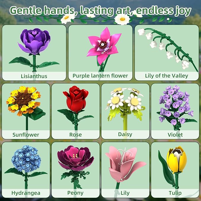 Flower Bouquet Set for Adults Botanical Collection Building Block Toy with Roses Sunflower for Teen Girls Artificial Plant Home Office Decor Gifts for Valentines Birthdays Mother's Day
