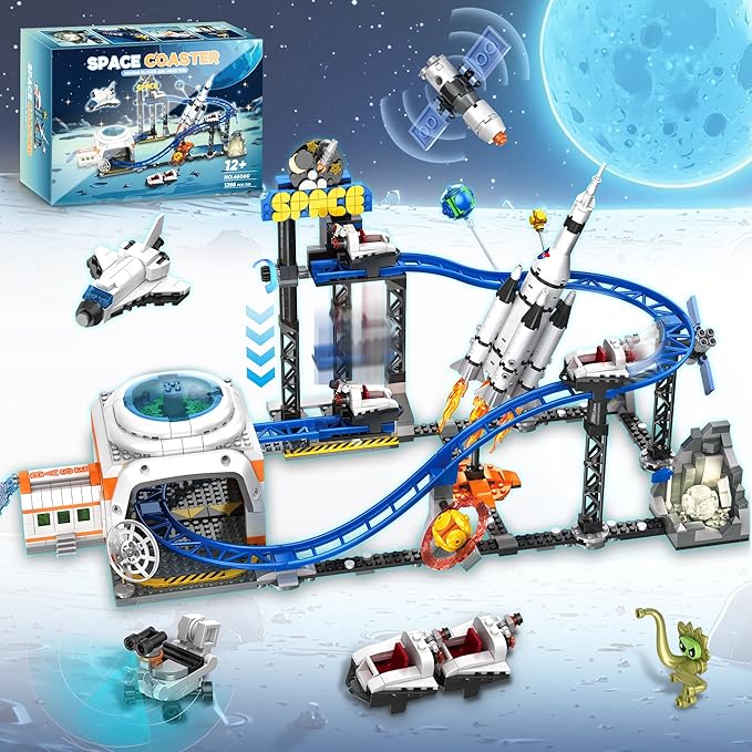 Space Roller Coaster Building Toy for Boys 12+ City Amusement Park Building Block Featuring a Roller Coaster Lift Platform Satellites Rocket Christmas Toy for Kids Ages 12+ 1288Pcs