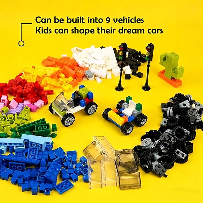 BroTex Wheels and Axles Sets with Steering Wheels&amp &ampWindshield&ampTraffic Light Over 400pcs Classic Bricks Pieces and Car Parts Kits Basic Bulk Building Blocks Vehicles with Tires