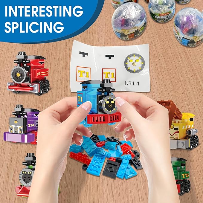 Mini Building Block Sets 12PCS Vehicle Train Toys Building Blocks 6 in 1 STEM Toys Eggs Building Sets Party Favors for Kids Goodie Bags Prizes/Birthday Gifts