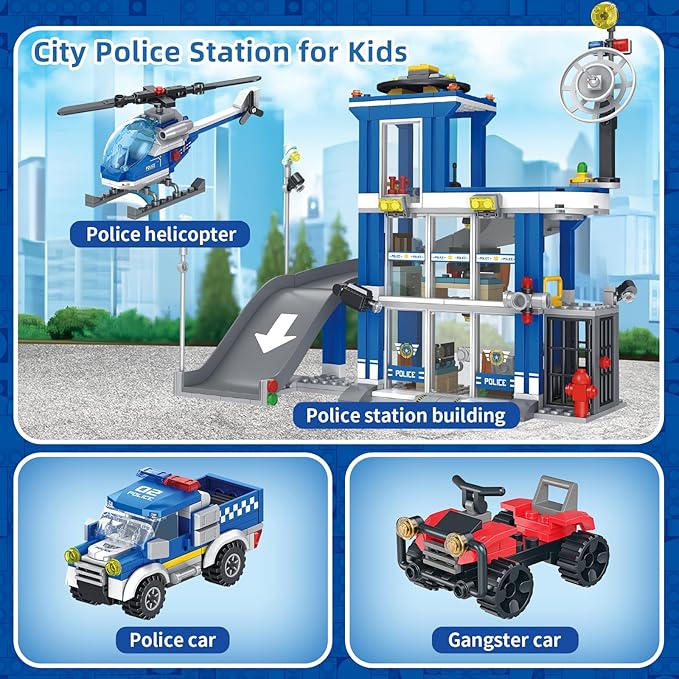 City Police Station Building Sets 601PCS City Police Sets Toy with Police Car Gangster Car Helicopter Police Building Block Toys Gifts for Kids Boys Ages 6-12