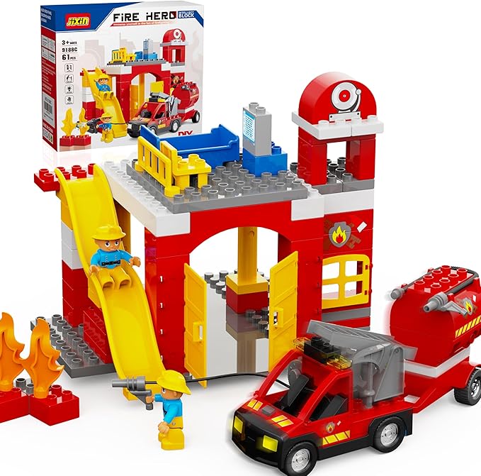 Fire Station Playset Fire Trucks for Toddlers 3-5 Classic Big Building Blocks Compatible with Lego Fire Station and DUPLOs for Age 3-5 Firefighter Gifts Firetruck Toys 3-5 Years Old