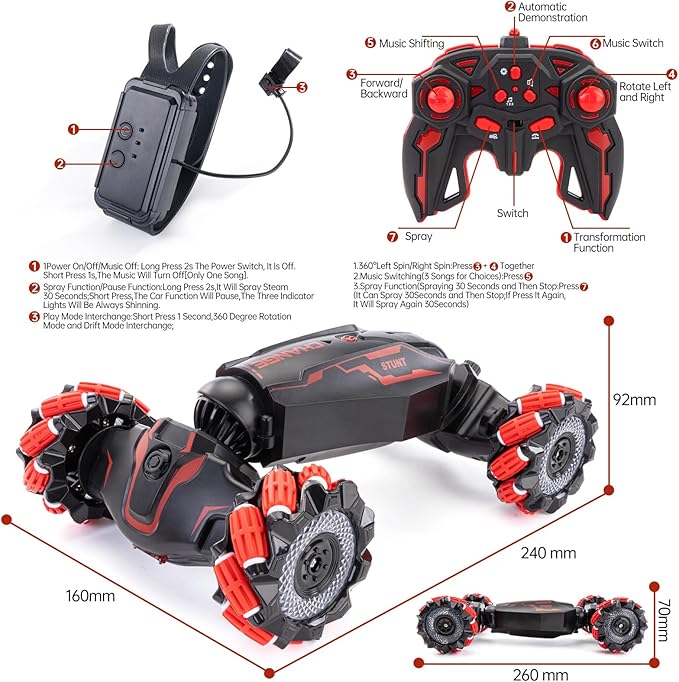 Gesture Sensing RC Stunt Car 2.4 GHz 4WD Remote Control Car 360° Rotate Transform Off-Road Drift RC Cars with Cool Lights Music Ideal Presents for Boys Girls for Birthday (Red)