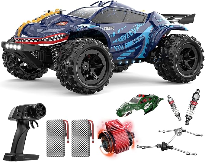 DEERC 9308E 1:16 Fast RC Cars for Boys Age 8-12 RC Monster Truck 40 KPHAll Terrain 4WD High Speed Dinosaur Truck 2 Car Shell2.4Ghz Off-Road Remote Control Cars with 2 Batteries Toy Gift for Kids
