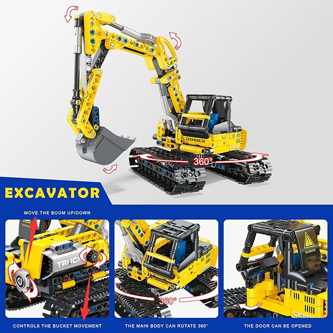 2-in-1 Excavator &amp Bulldozer Building Kit - 399 Pieces STEM Educational Construction Toys for Kids Creative Birthday Gift Idea