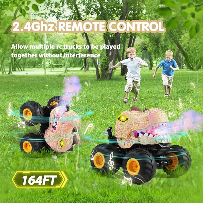 DYODYORC Remote Control Car 2.4Ghz All Terrain Dinosaur Monster Truck Toys RC Truck with Spay Music 3 Lighting Effects Stunt Capable Toy Gifts for Boys and Girls (Yellow)