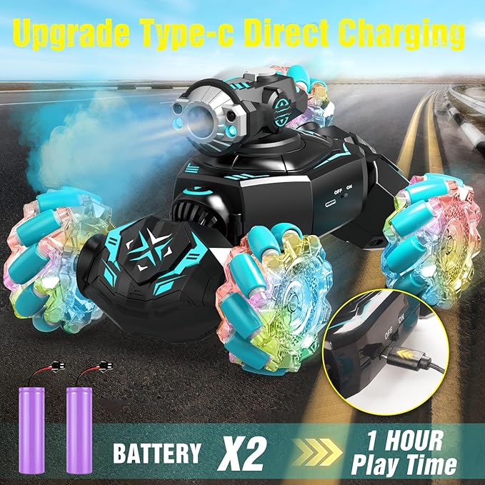 Gesture Sensing Remote Control Car RC Cars Toys for Boys Age 6-12 4WD Hand Controlled Twist &amp Transform 360° Spins Stunt Car with Mist Light &amp Music 8-10 Year Old Boys Birthday Gift Blue