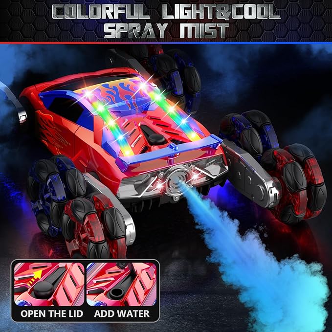 8WD Remote Control Car2.4GHz Gesture Sensing RC Stunt CarCool Spray Rotation RC Car with Lights and MusicAll Terrain Toys for Kids Ages 7 Birthday Gifts for Boys Girls(Red)