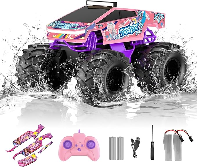 Remote Control Car for Girls1:18 Pink Monster Truck Toys Amphibious RC Cars 2.4 GHz Waterproof RC Trucks 4WD All Terrain Off-Road Pickup Girls Toys for 6-12 Year Old Kids Christmas Birthday Gifts