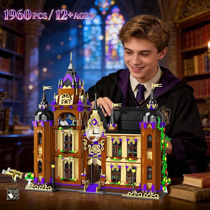Magic School Building Set with Light Easter 3 Style Modes Big Castle House Construction Model with Potion Shop 1960 PCS Clock Tower Home Decor Building Blocks Gift for Adults Boys Girls 12+