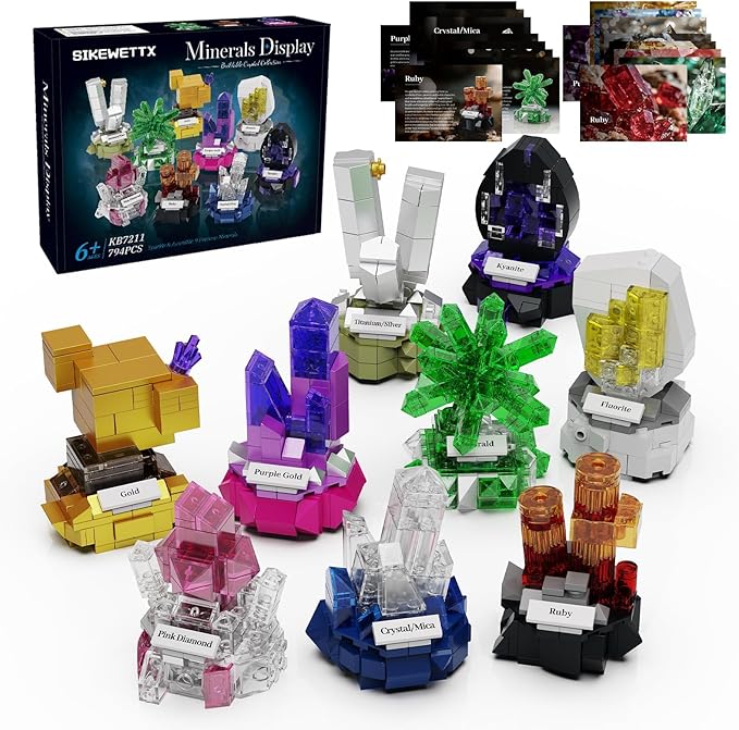 Mineral Display Building Blocks Set 794pcs 9 Pack Gemstone Models Crystal Rock Collection STEM Geology Bonsai Gems Home Office Decor Compatible with Lego for Kids Adults Boys Girls 6+