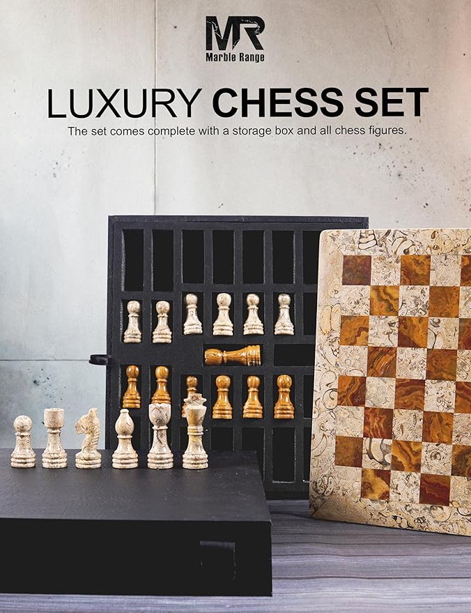Marble Chess Set 12 Inch Handmade Coral &amp Dark Brown Board Game with Storage Box Classic Travel Chess Set for Adults with Pieces &amp 2 Extra Queens Elegant Home Décor