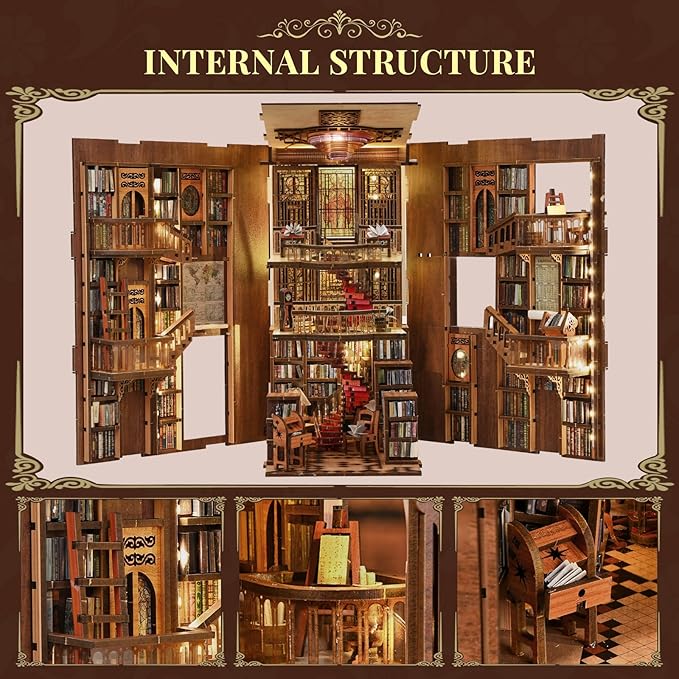 Book Nook Library Kit DIY Miniature Dollhouse Booknook Kit 3D Wooden Puzzle Bookend Bookshelf with LED Light for Adults Teens (Abbey Library)