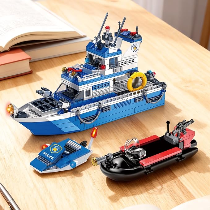 Police Boat Building Set 480 Pcs City Boat STEM Building Toy Including Kayaks and Police Speedboats Toy Christmas Birthday Gift for Kids Boys Girls 6 7 8 9 10+