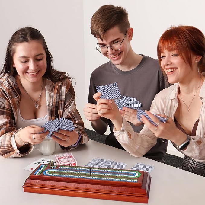 Wooden Cribbage Board Game Set with Cards and Metal Pegs 3 Track Cribbage Board with Storage Drawer Portable Travel Cribbage Set for Adults Families Seniors Camping &amp Game Night