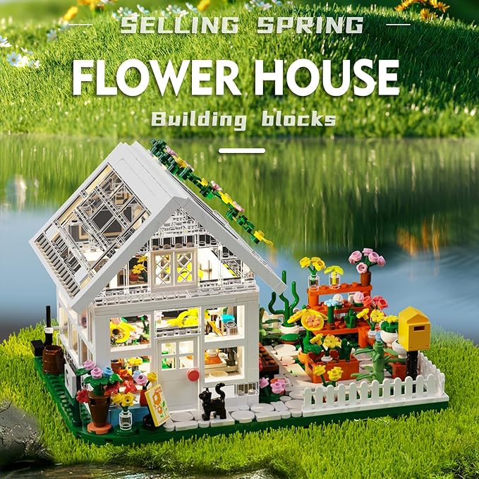 Flower House Building Mini Set with LED City Street View Greenhouse Building Blocks Toy Valentine Xmas Gift for Friends or Girls 8-12 Year