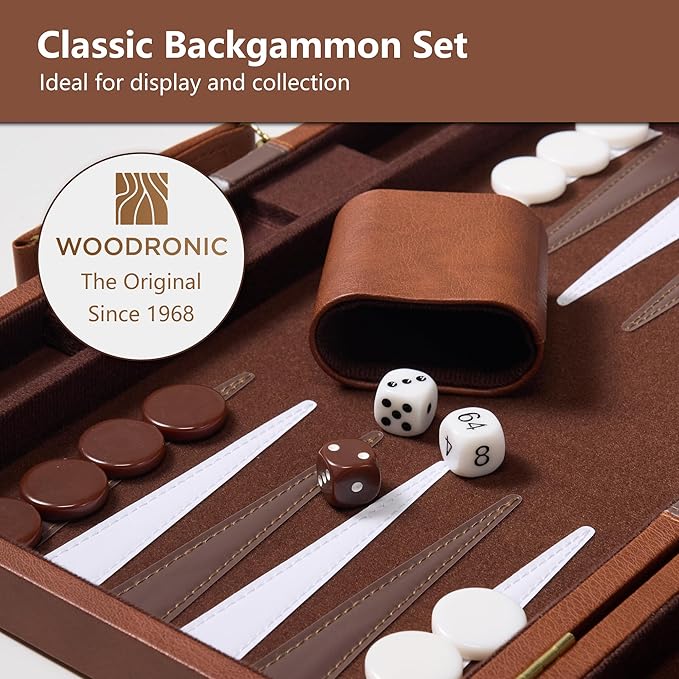 Backgammon Sets for Adults - 11 inch Classic Board Games for 2 Players Adults - Small Travel Backgammon Strategy Game Set with Premium Leather Case - Portable Backgammon Set Brown